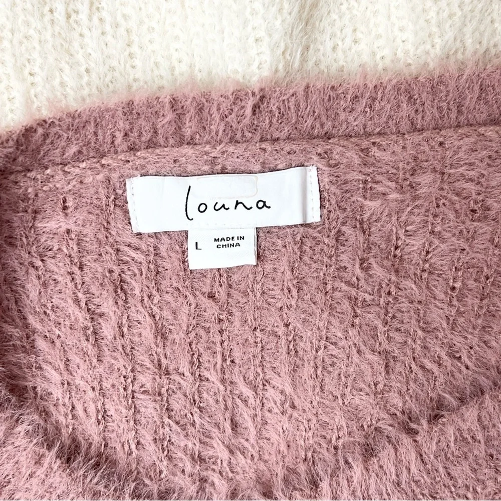 LOUNA Sweater Fuzzy Eyelash Ribbed Knit Colorblock‎ Striped Crew Neck Pullover L